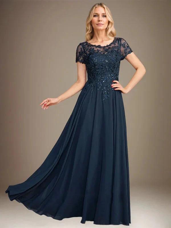 A-Line Scoop Floor-Length Chiffon Mother of the Bride Dress With Applique & Sequins by Dreamylily