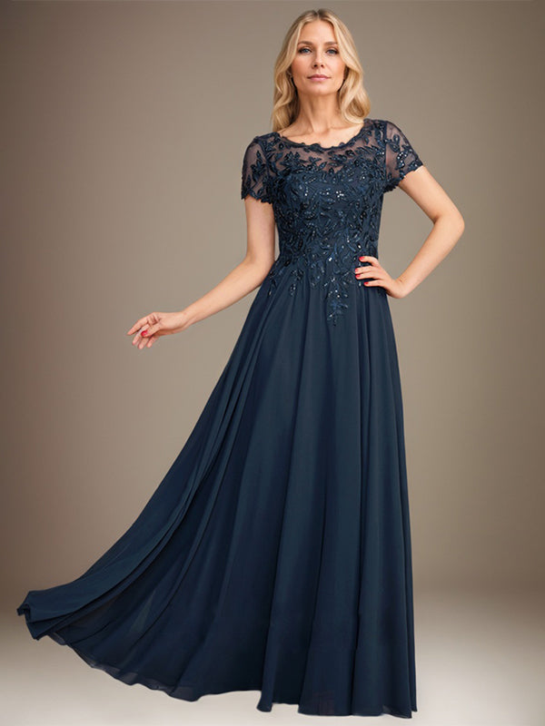 A-Line Scoop Floor-Length Chiffon Mother of the Bride Dress With Applique & Sequins Hover Image