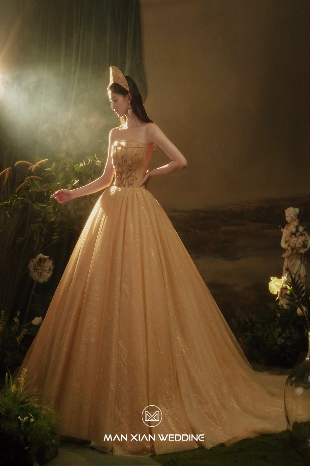 Golden Hour Strapless Glitter Tulle Ball Gown with Embroidery & Lace-Up Back by ZAPDRESS