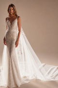 Shiny Mermaid Sexy Backless Wedding Dress Customized Modern Deep V Neck Bridal Gown With Cape Fantasy Sequined Classy Bride Wear - studio product image 1