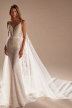 Shiny Mermaid Sexy Backless Wedding Dress Customized Modern Deep V Neck Bridal Gown With Cape Fantasy Sequined Classy Bride Wear - studio product image 1