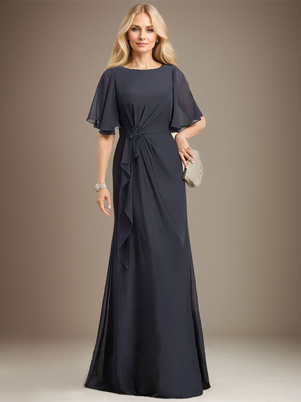 A-line Scoop Floor-Length Chiffon Mother of the Bride Dress With Cascading Ruffles Beading Sequins Hover Image