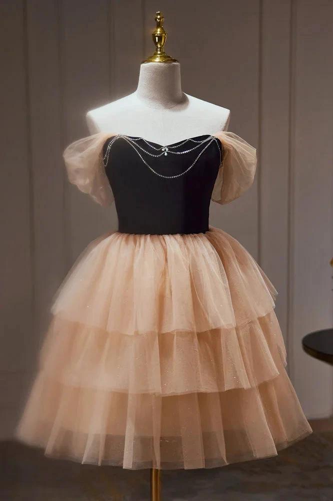 Chic Champagne Off The Shoulder Beading Tulle Short Homecoming Dresses by Cicinia
