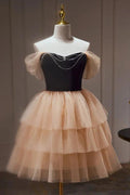 Chic Champagne Off The Shoulder Beading Tulle Short Homecoming Dresses by Cicinia