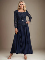 Vestido de gasa para madre de la novia con corte A, cuadrado, largo hasta los tobillos, con pliegues 