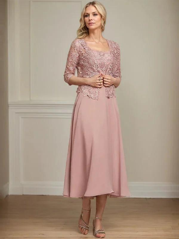 A-line Square Tea-Length Chiffon Lace Mother of the Bride Dress With Sequins Beading by Dreamylily