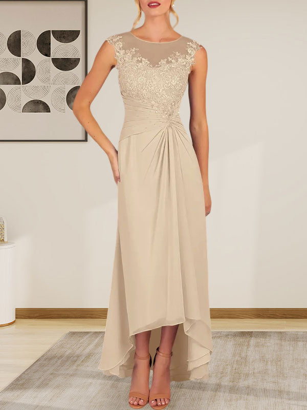 Champagne A-Line Scoop Lace Chiffon Dress Hover Image