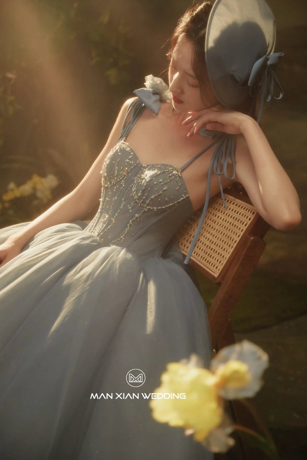 Ethereal Dusty Blue Sweetheart Tulle Ball Gown with Beaded Bodice & Bow Accents by ZAPDRESS