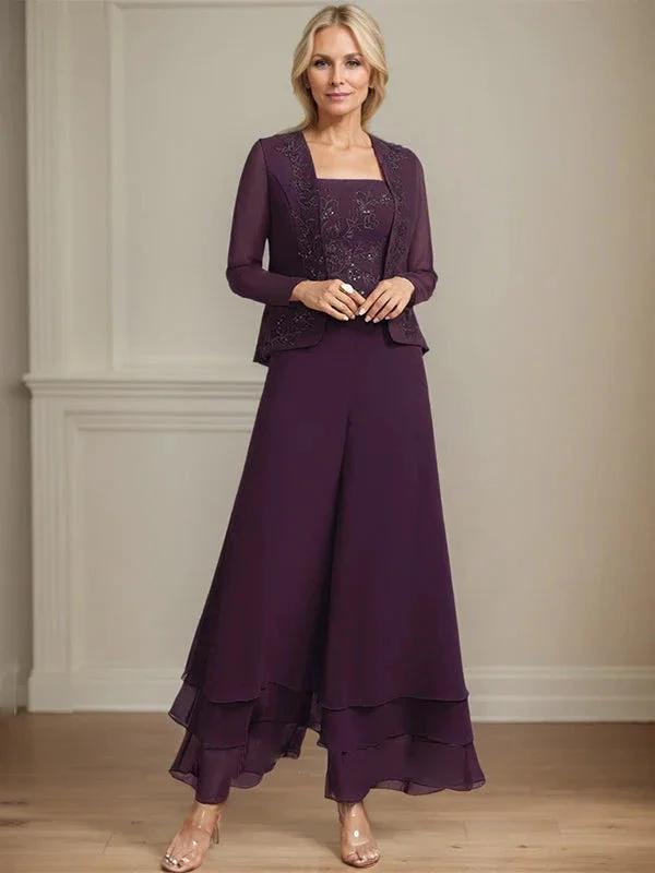 Separates Jumpsuit/Pantsuit Square Ankle-Length Lace Chiffon Mother of the Bride Dress With Sequins by Dreamylily