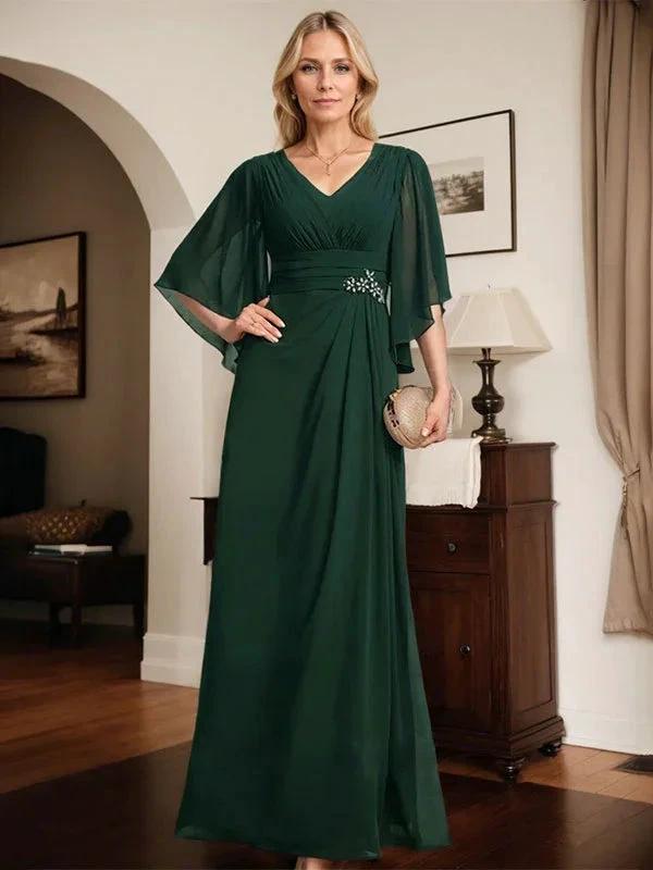 Sheath/Column V-Neck Floor-Length Chiffon Mother of the Bride Dress With Pleated Sequins Beading by Dreamylily