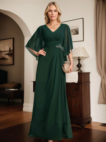Vestido de gasa para madre de la novia, con escote en V, largo hasta el suelo, con lentejuelas plisadas y abalorios