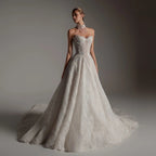 Luxury Ivory Strapless Lace Train Wedding Dress with Scarf SW166