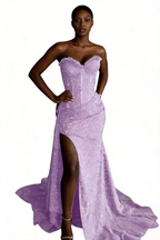 Lavender Sequin Strapless Sweetheart Mermaid Prom Dress with High Slit & Train by tangjianjun