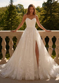 Elegant White Spaghetti Strap Satin Bodice Lace Tulle Wedding Dress with Train SW705