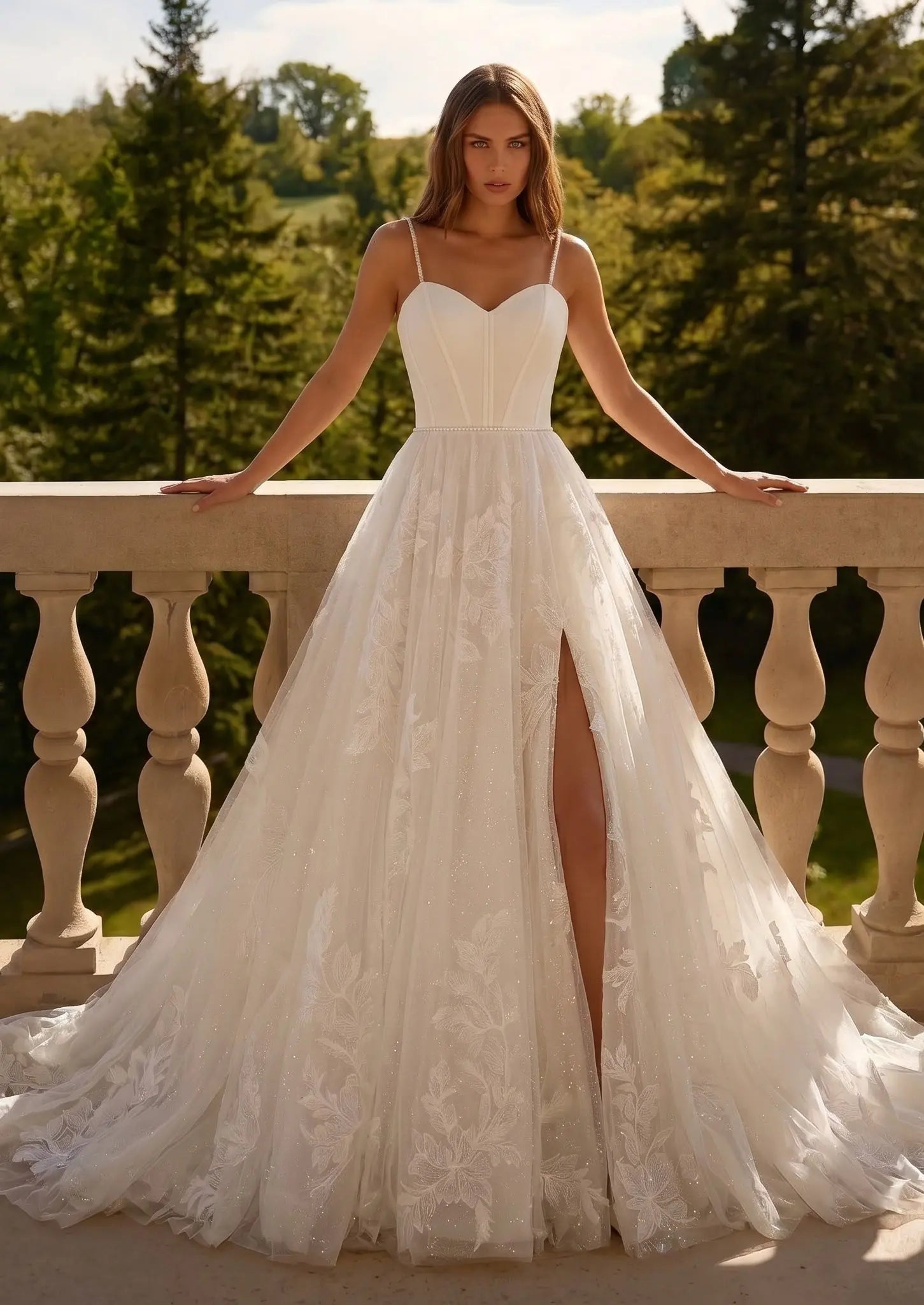 Elegant White Spaghetti Strap Satin Bodice Lace Tulle Wedding Dress with Train SW705