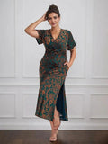 Vintage Plain V-Neck Short Sleeves Velvet Tea-Length Mother of the Bride Dress With Slit by Dreamylily