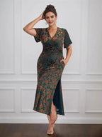 Vintage Plain V-Neck Short Sleeves Velvet Tea-Length Mother of the Bride Dress With Slit by Dreamylily