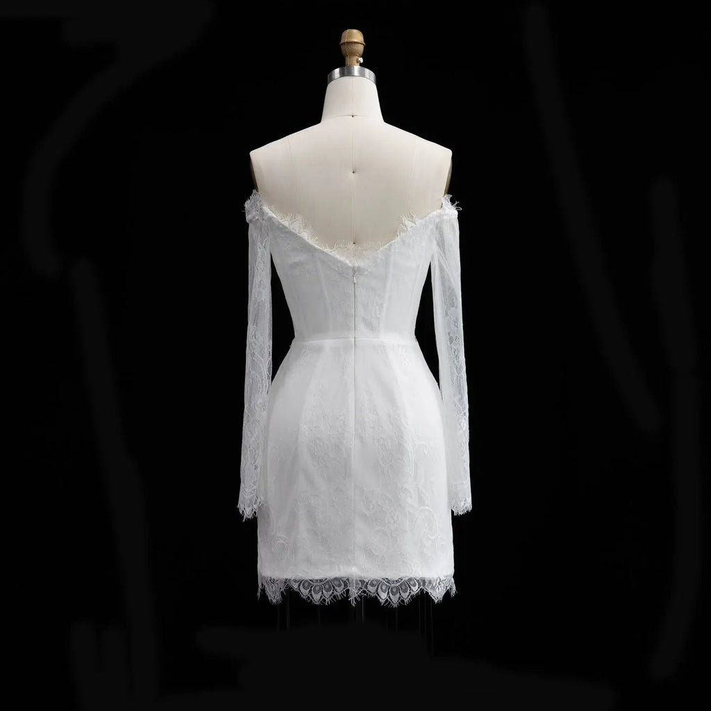 Luxury Ivory Off-the-Shoulder Long Sleeve Lace Mini Wedding Dress SW170