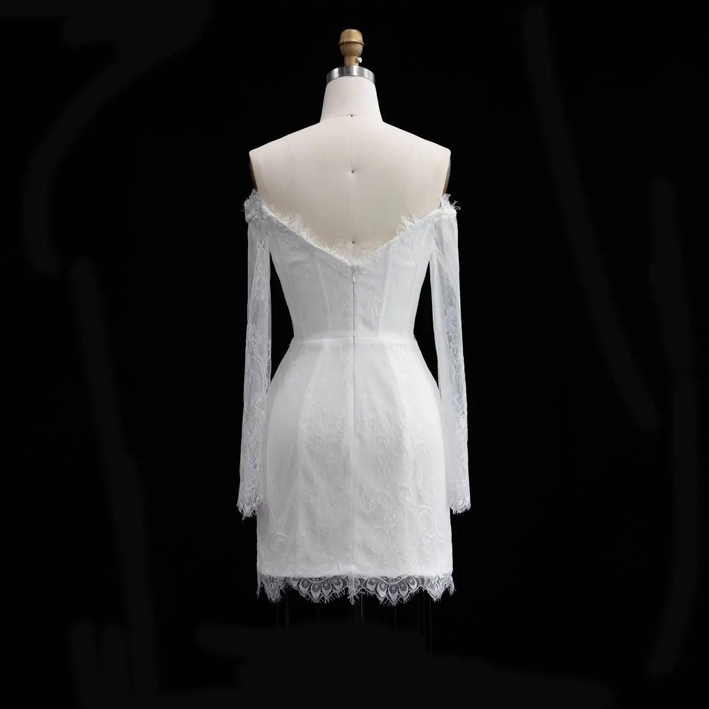 Luxury Ivory Off-the-Shoulder Long Sleeve Lace Mini Wedding Dress SW170