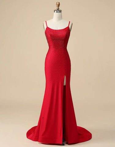 Königsblaues, perlenbesetztes, hochgeschlitztes Meerjungfrau-Ballkleid SYP104