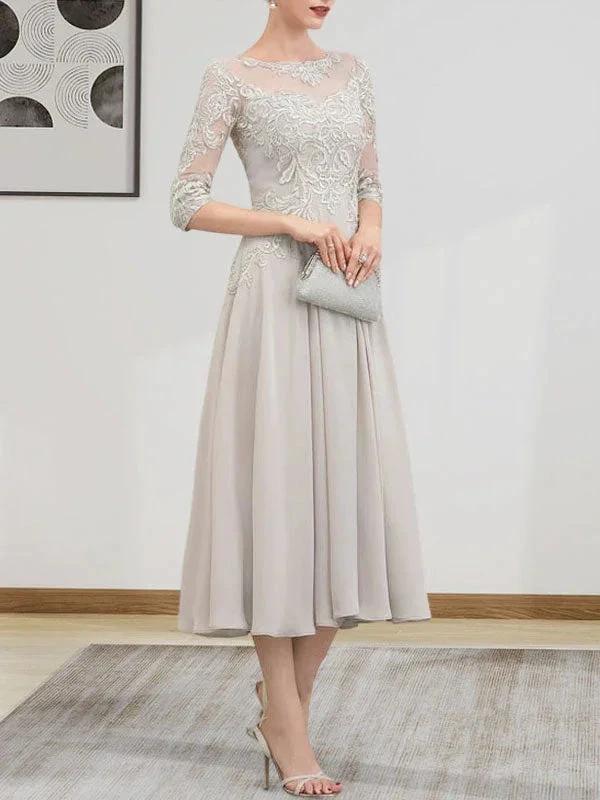 A-line Scoop Illusion Tea-Length Chiffon Lace Mother of the Bride Dress With Beading Sequins by Dreamylily