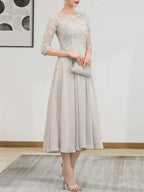 A-line Scoop Illusion Tea-Length Chiffon Lace Mother of the Bride Dress With Beading Sequins by Dreamylily