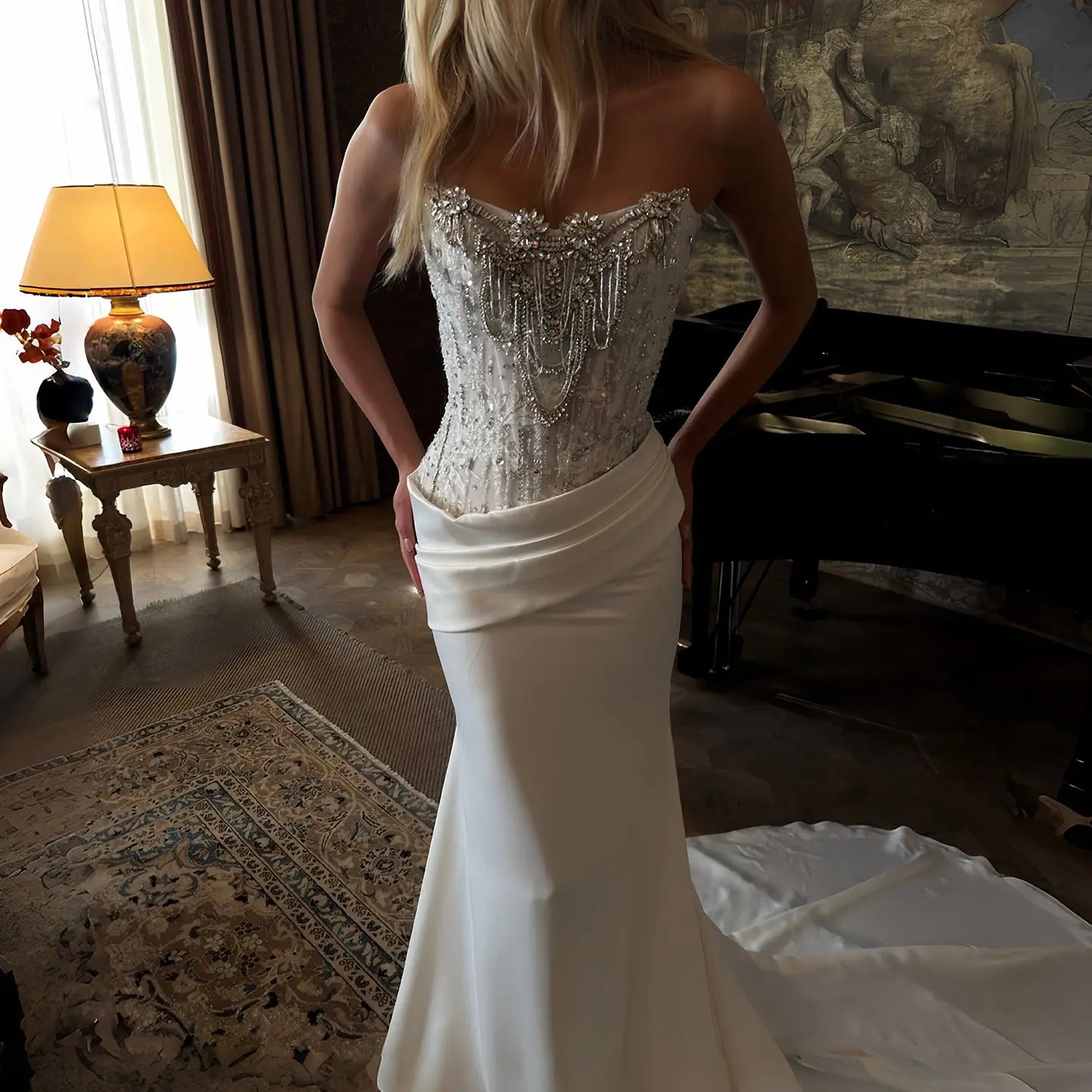 Luxury White Strapless Beaded Fringe Bodice Satin Mermaid Wedding Dress SW221