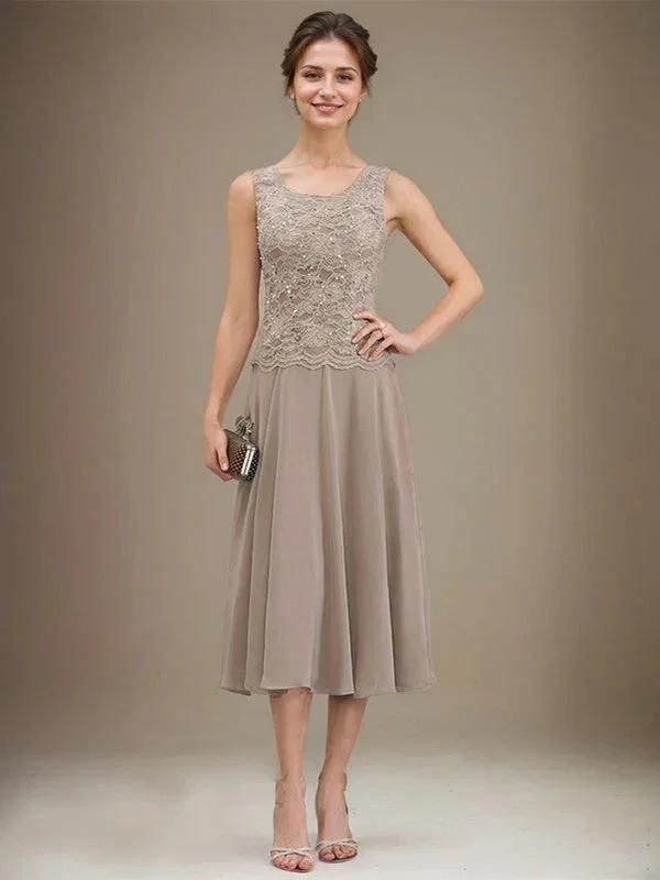 A-line Scoop Tea-Length Lace Chiffon Mother of the Bride Dress With Sequins by Dreamylily