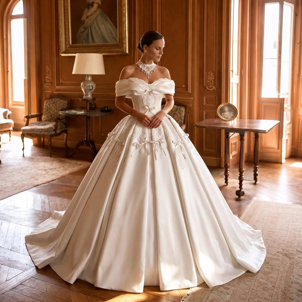 Off the Shoulder White Satin Ball Gown Wedding Dress with Long Cathedral Train SW675