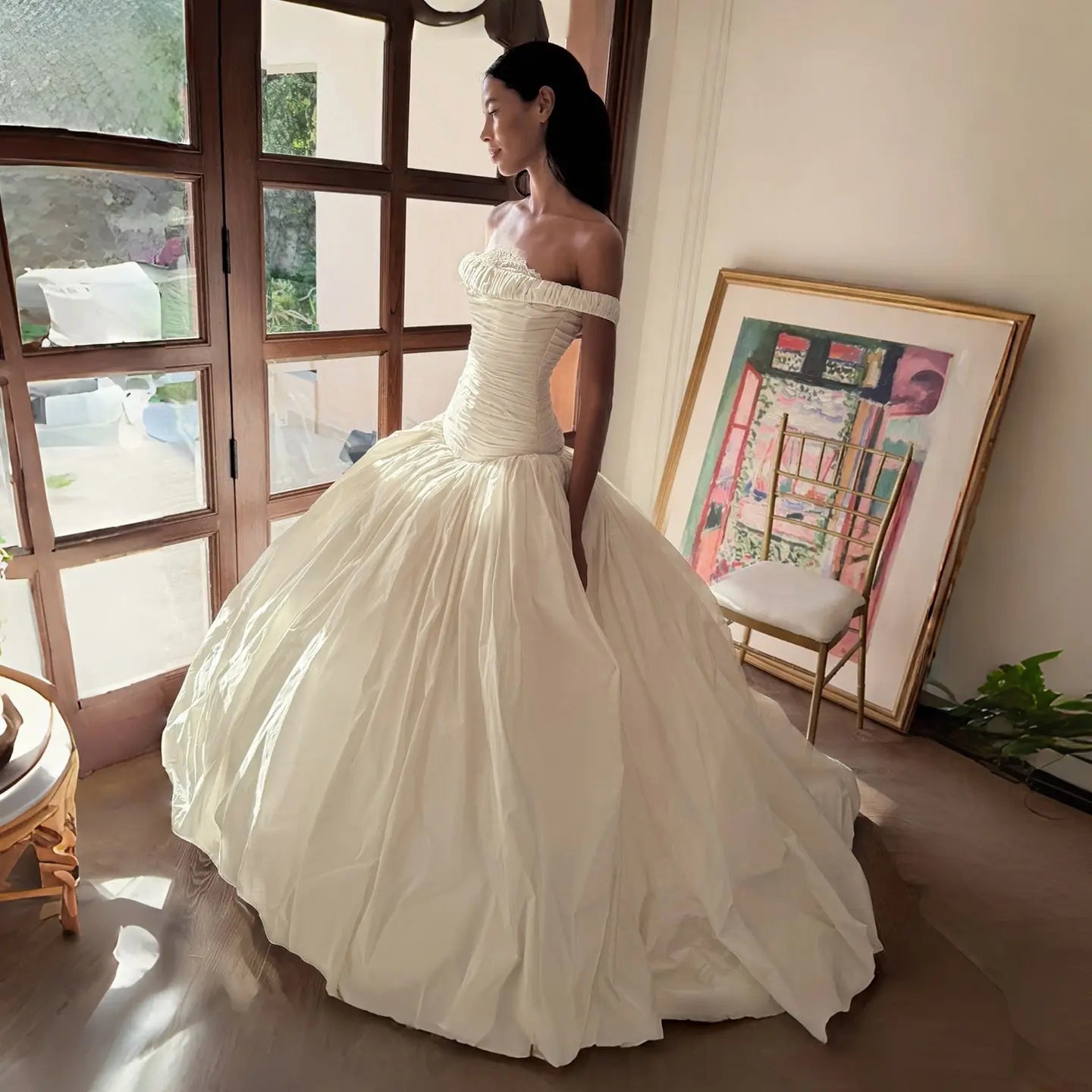Elegant Ivory Strapless Ruched Satin Ball Gown Wedding Dress SW234