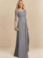 A-line Scoop Illusion Floor-Length Chiffon Lace Mother of the Bride Dress With Beading Sequins Cascading Ruffles by Dreamylily