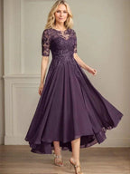A-line Scoop Illusion Asymmetrical Chiffon Lace Mother of the Bride Dress With Sequins by Dreamylily