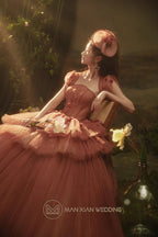 Autumn Rose-Hued Sweetheart Tulle Ball Gown with 3D Floral Accents & Tiered Ruffles by ZAPDRESS