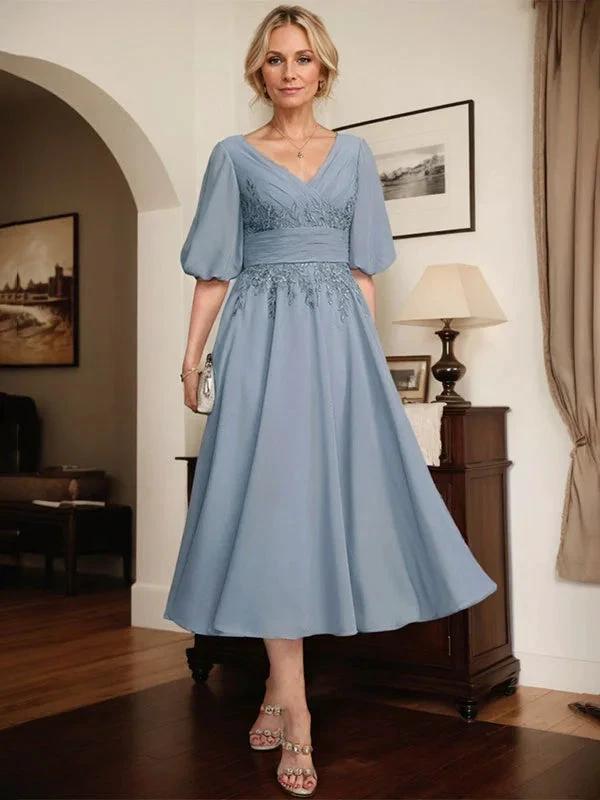 A-line V-Neck Tea-Length Lace Chiffon Mother of the Bride Dress With Pleated by Dreamylily
