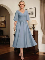 A-line V-Neck Tea-Length Lace Chiffon Mother of the Bride Dress With Pleated by Dreamylily