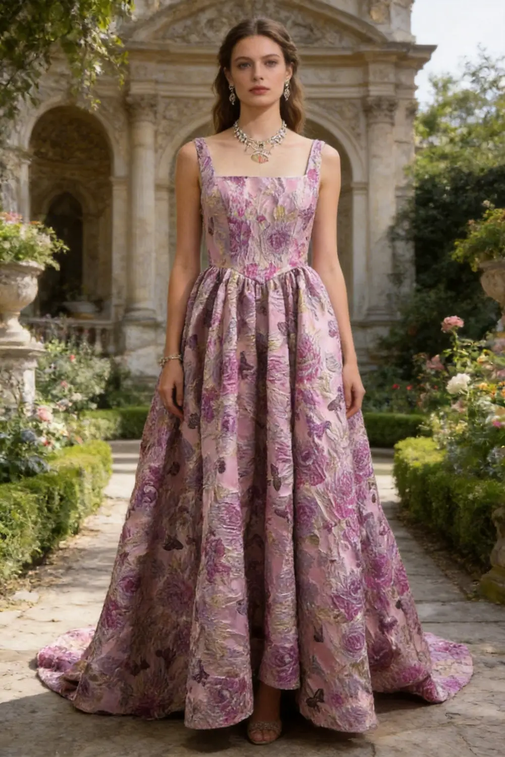Square Neck Floral Jacquard A-Line Evening Gown with Train by tangjianjun Main image
