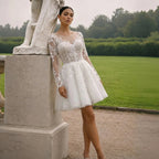 Elegant Off White Long Sleeve Lace Short Wedding Dress SW721
