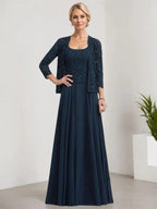 A-line Square Floor-Length Lace Chiffon Mother of the Bride Dress With Sequins by Dreamylily