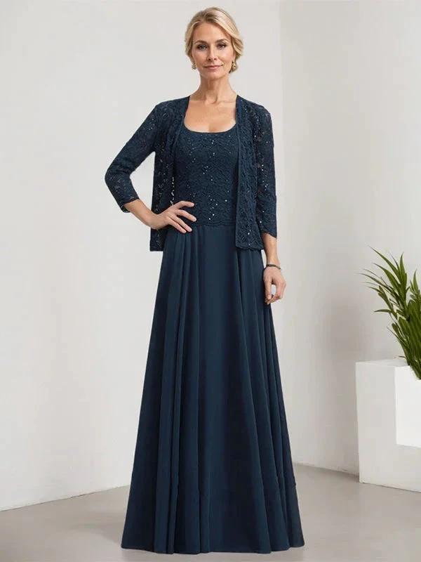 A-line Square Floor-Length Lace Chiffon Mother of the Bride Dress With Sequins by Dreamylily