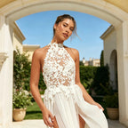 Romantic Halter Neck 3D Floral Lace Sheer Slit Wedding Dress SW739