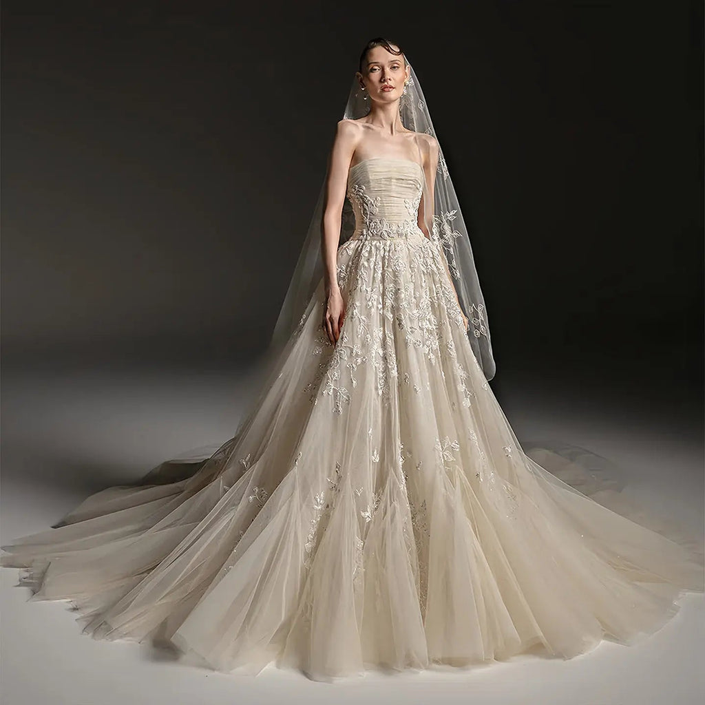 Romantic Champagne Strapless Floral Lace Tulle A-Line Wedding Dress with Veil SW664