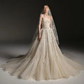 Romantic Champagne Strapless Floral Lace Tulle A-Line Wedding Dress with Veil SW664