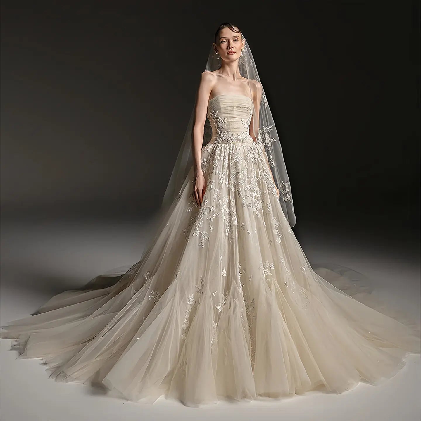 Romantic Champagne Strapless Floral Lace Tulle A-Line Wedding Dress with Veil SW664
