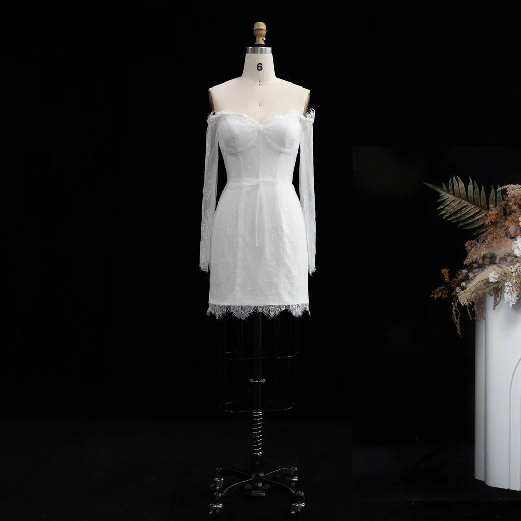 Luxury Ivory Off-the-Shoulder Long Sleeve Lace Mini Wedding Dress SW170