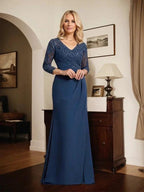 Sheath/Column V-Neck Illusion Floor-Length Lace Chiffon Mother of the Bride Dress With Pleated Sequins by Dreamylily