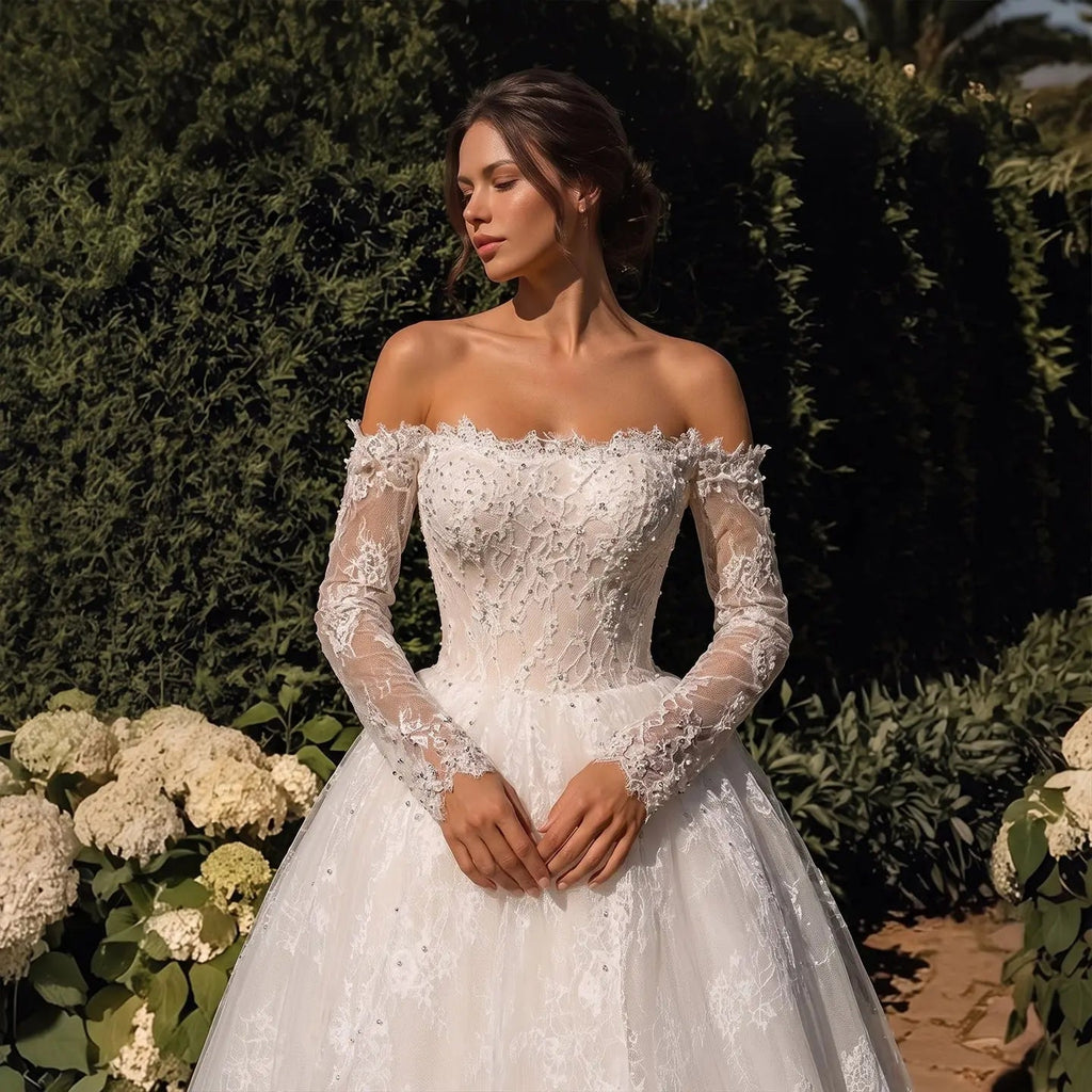 White Lace and Tulle Ball Gown Wedding Dress Off the Shoulder Beaded Bridal Dress SW679