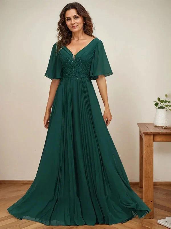 A-line V-Neck Floor-Length Chiffon Mother of the Bride Dress With Sequins Appliques Lace Pleated by Dreamylily