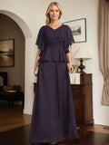 A-line V-Neck Floor-Length Chiffon Mother of the Bride Dress With Pleated Beading by Dreamylily