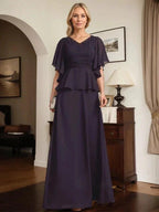 A-line V-Neck Floor-Length Chiffon Mother of the Bride Dress With Pleated Beading by Dreamylily