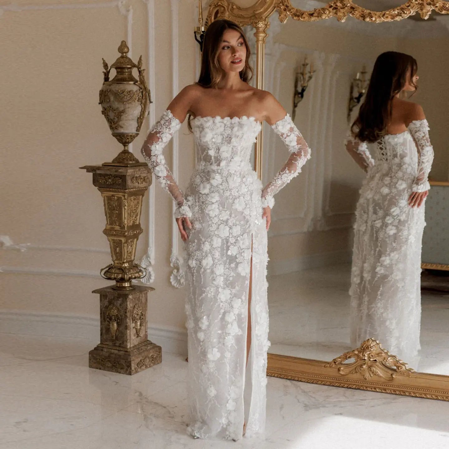 Luxury 3D Floral Sequin Strapless Wedding Dress with Detachable Sleeves SW085